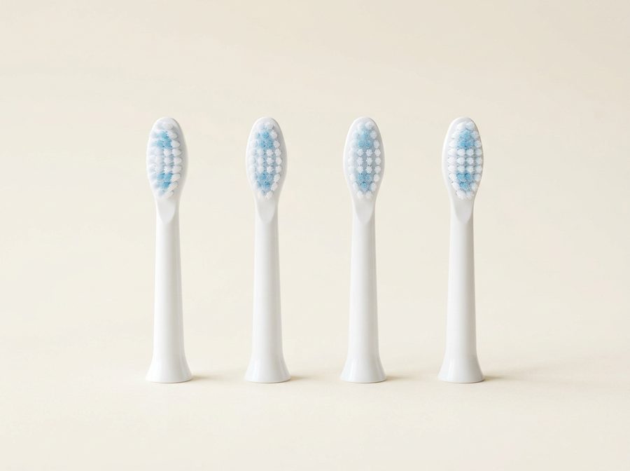 Quatre têtes de brosse à dents électrique blanches alignées