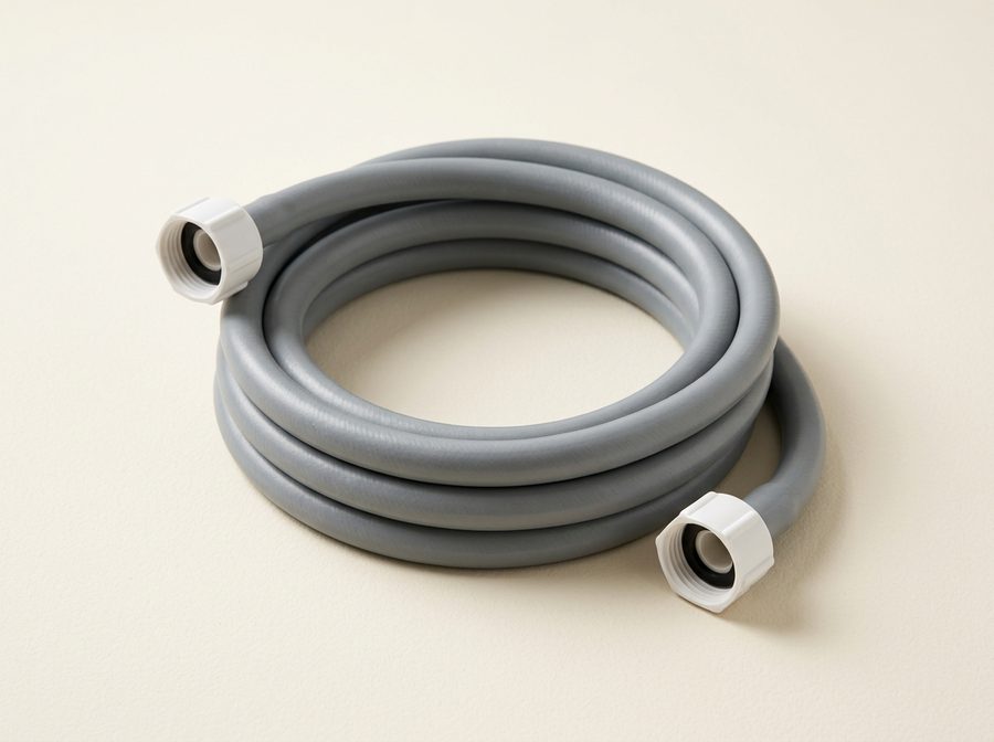 Tuyau d’arrivée d’eau gris enroulé, écrous blancs